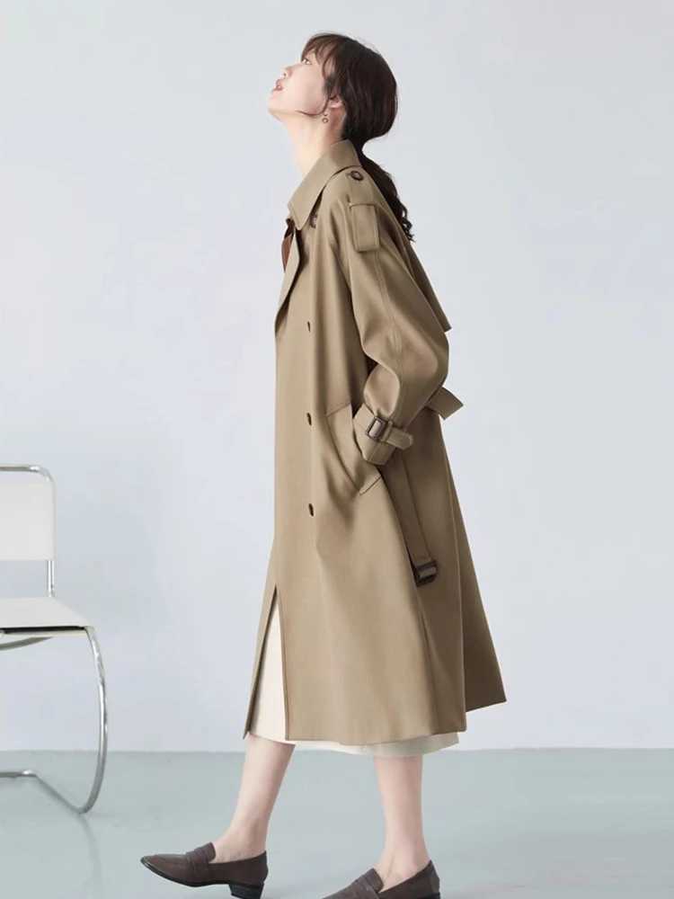 Khaki Double Breasted Long Trench Coats Women Casual Loose Korean Gabardina New Lapel Classic Oversized Windbreaker JacketsX240921