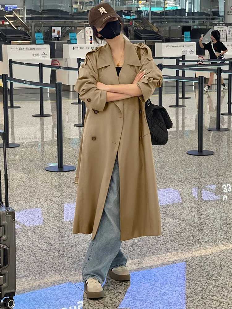 Fashion Autumn New Office Lady Womens Trench Lapel Double Breasted Loose Outwear Long Windbreaker Long Sleeve Women CoatX240921
