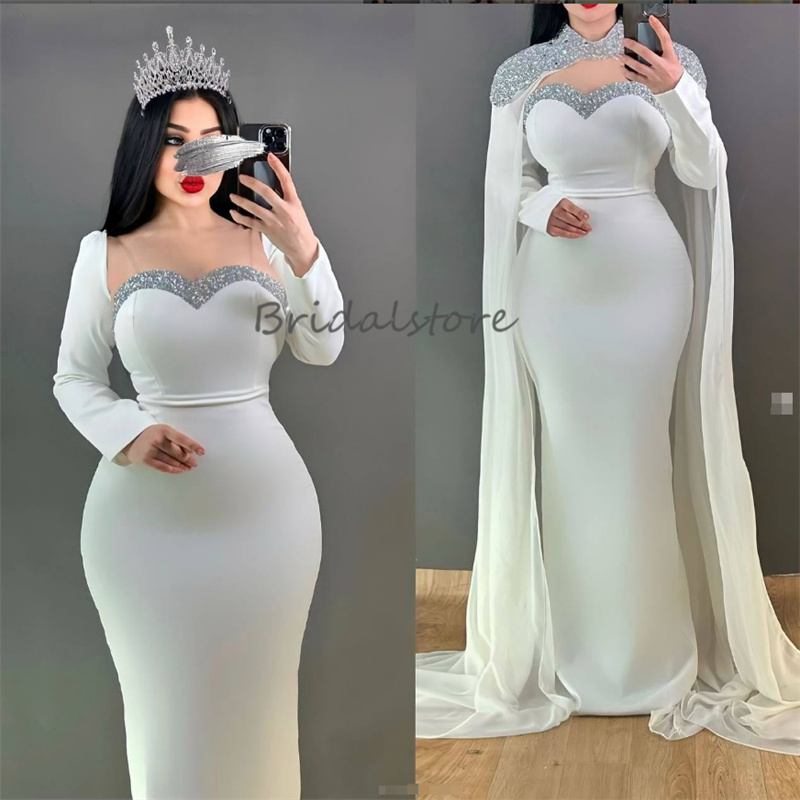 Arabian Abaya Dubai Evening Dress With Cape Elegant Mermaid Prom Dresses 2025 Sequined Long Sleeve Birthday Formal Occasion Morrocan Vestidos de noche