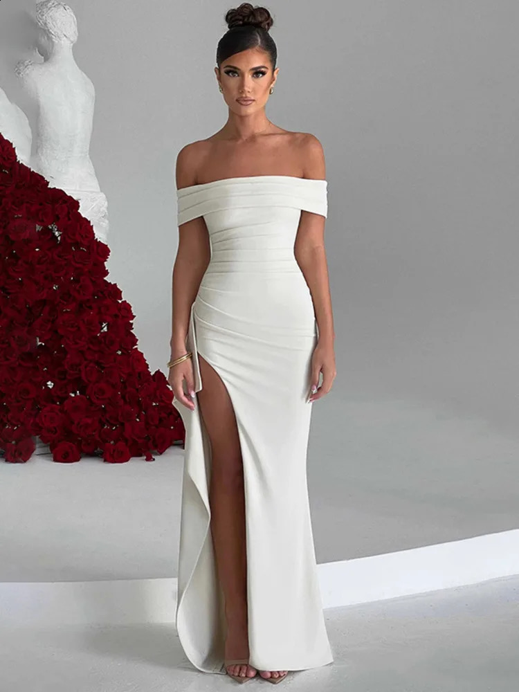 Mozision shoulder pleated high score style long dress suitable for women slanted neck backless body sexy party evening dress elegant 240921