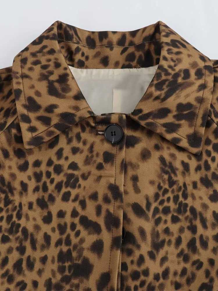 ZBZA Women Vintage Leopard Trench Coat Loose Long Sleeve Lapel Single-breasted Pocket Mid-length Outerwear Fall Winter Lady CoatX240921