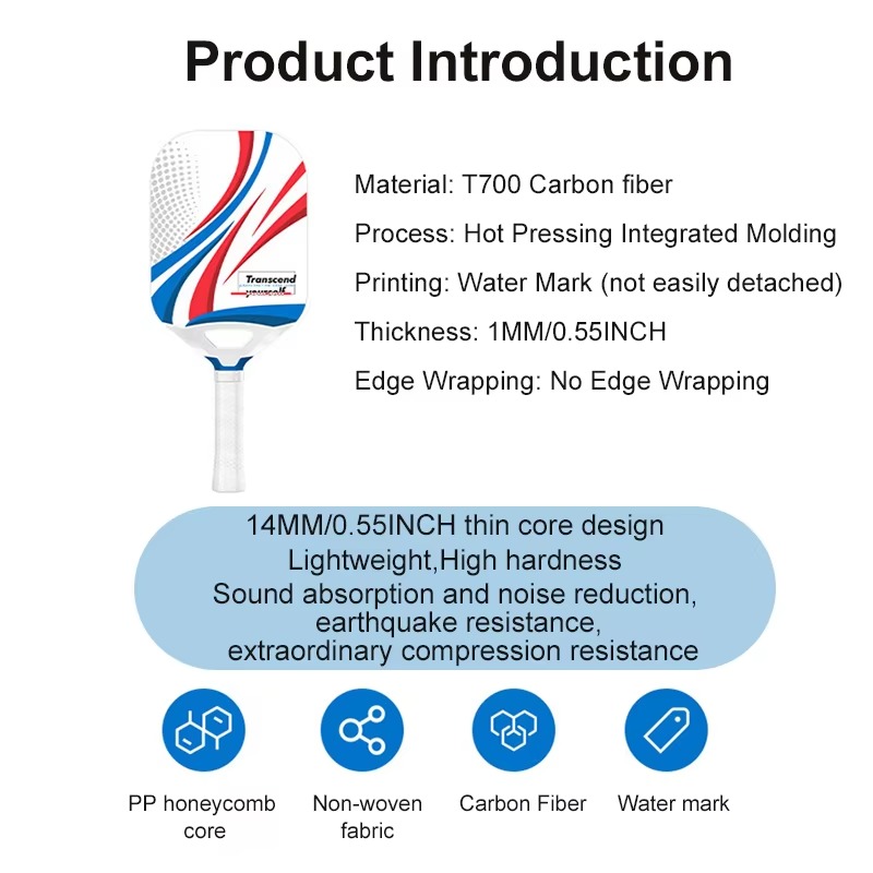 New T700 Carbon Fiber Pickleball Paddle, 14mm PP Honeycomb Core,Lightweight Racket, thermoformed Integrated Paddle