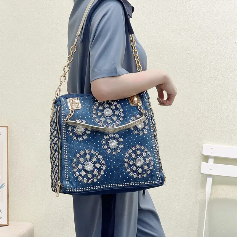 Denim jeans casual womens handbag ner woven shoulder bag rhinestone decoration messenger 240919