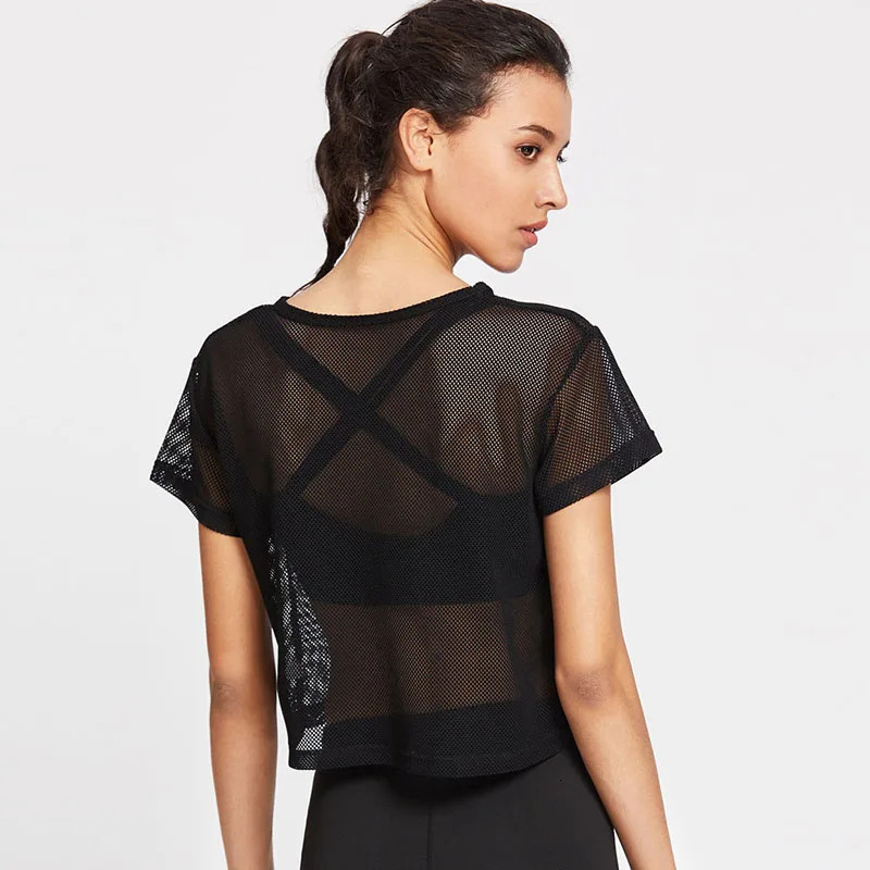 2024 New Mesh Breathable Speed Drying Yoga Shirt Summer Women's Loose Short Sleeve Perspective Hollow Running Fever Sportswear Fitness Clothing F