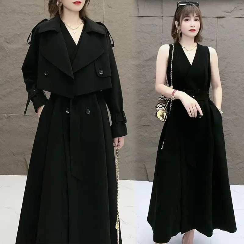 2023 New Two Piece Set Women Trench Coats Long Solid Casual Ladies Windbreaker Black Khaki Size Belt Lapel Clothing Fashion TopsX240921