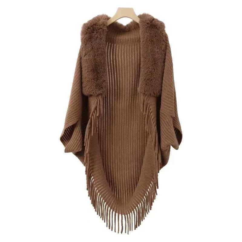 Womens Raincoat Spring Automatic Wool Knitted Artificial Fur Collar Tassel Shawl Cloak Elegant Loose High Quality Wrap Open Collar Warm Coat W240921