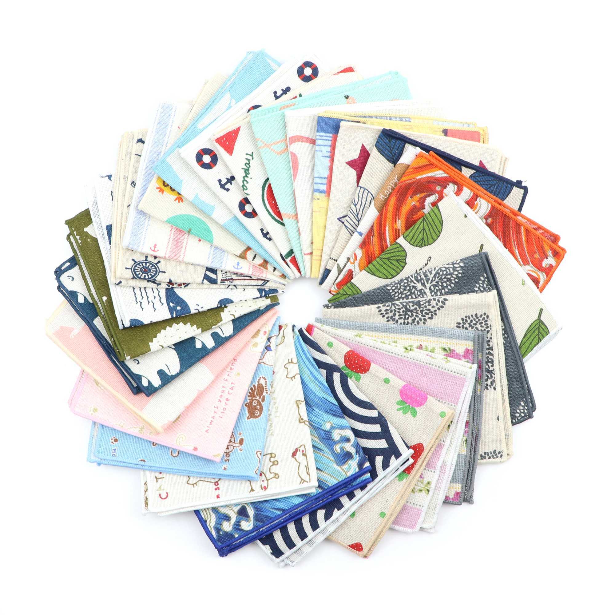 Japanese Style Linen Handkerchief Scarves Vintage Waves Cartoon Animal Flower Pattern Hankies For Men Casual Party Wedding GiftX240921