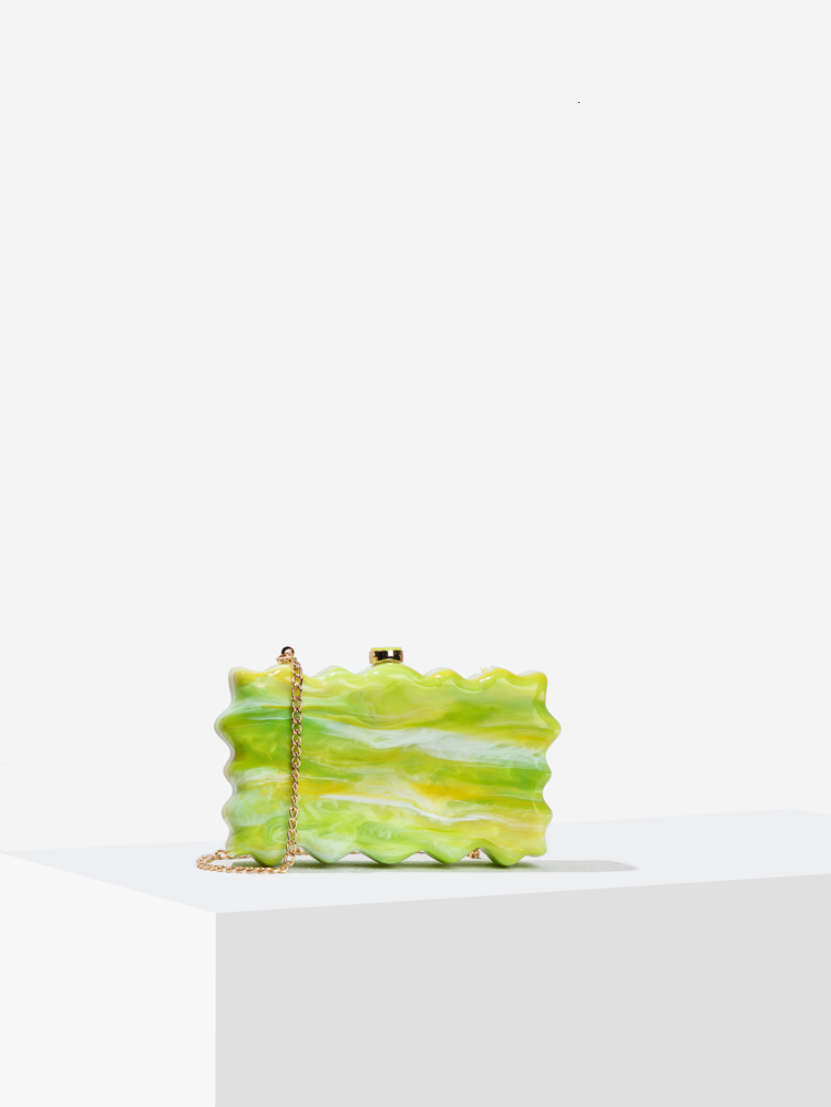 Women's Green Clutch Bag Summer Evening Party Lemon Wavy Marble Print Small Purse Zigzag Edge Handbag 2024 New