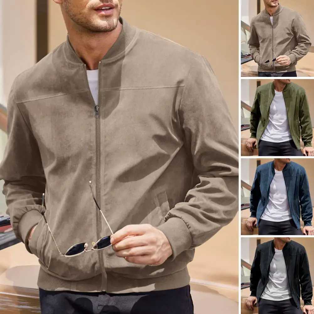 Mens Suede Jacket Stand Collar Long Sleeve Zipper Coat With Side Pockets Solid Color Loose Ribbed Sleeves Winter Coat M240921