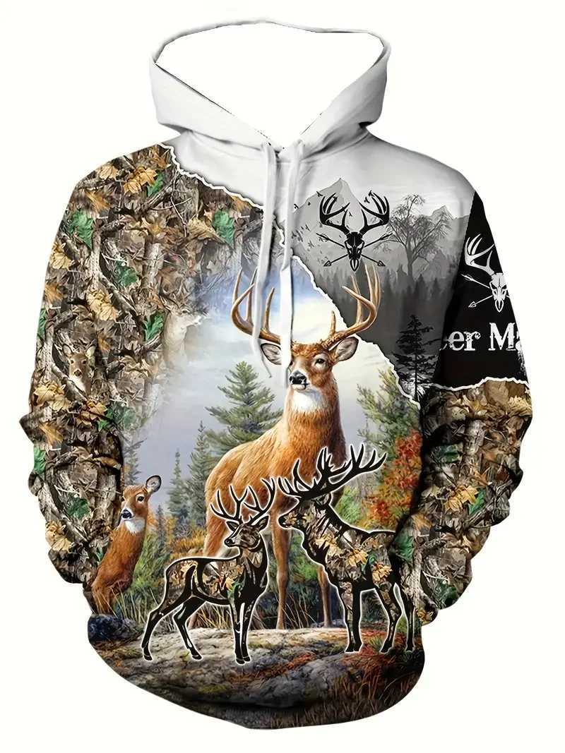 Autumn mens hooded sweatshirt with deer graphic 3D printing hooded sweatshirt outdoor street casual long sleeved top mens ultra-thin clothing W240921