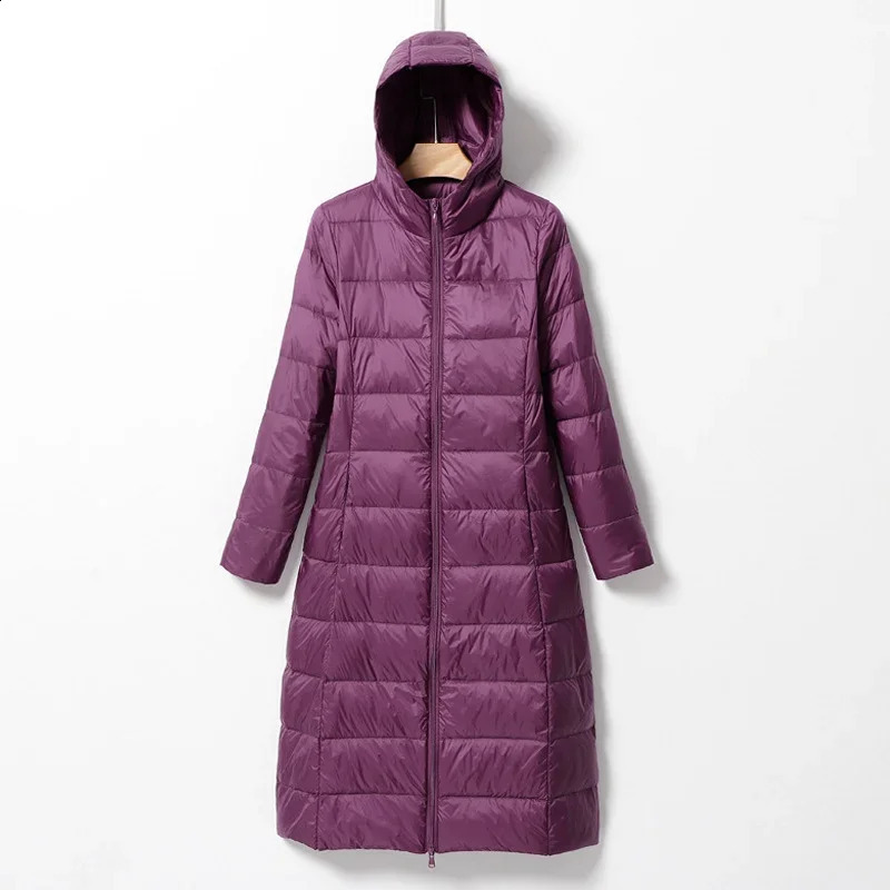 Womens Long Down Jacket Style Ultra Light Knee Fashion Slim Fit Hooded Casual Inflatable 240918