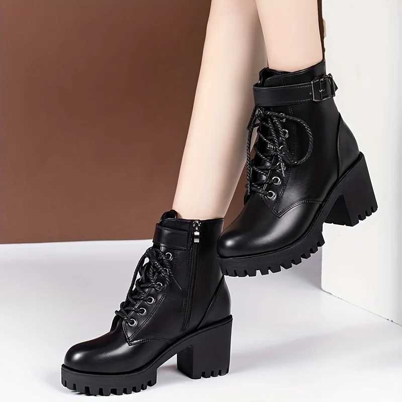 2023 Womens Solid Thick High Heels Fashion Lace Upper Womens Side Zipper Boots Fashion Buckle Details Ankle Boots Z250303