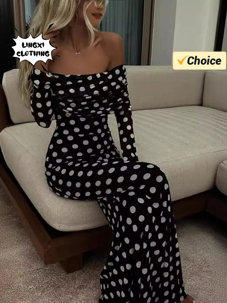 Summer Fashion Vacation Style Fashion Party Womens Long Elegant Single Shoulder Wave Point Slimming Sexy Long Dress 240921