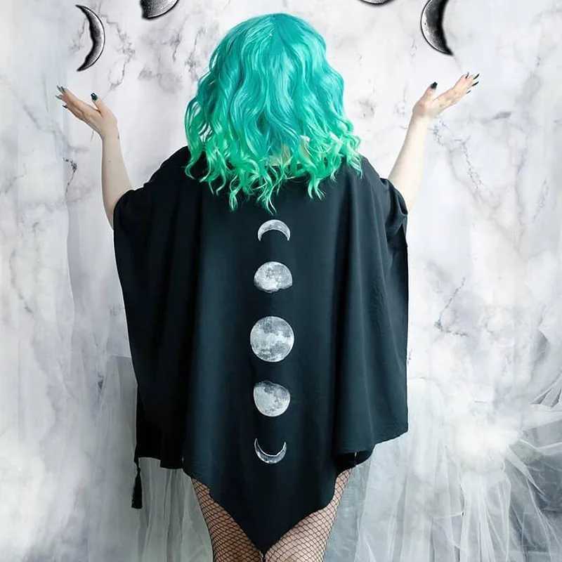 FICHOR Gothic Moonphase Womens Black Cloak Autumn/Winter Geometric Y2k Graphic Gothic Coat Large Irregular Raincoat for Women W240921