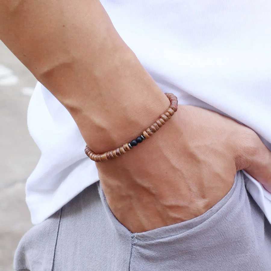 Noter New 4mm Men Natural Coconut Bead Bracelet Vintage Meditation Wooden Braclet Healing Braslet Tiger Eyes Stone Pulsera HommeX240921