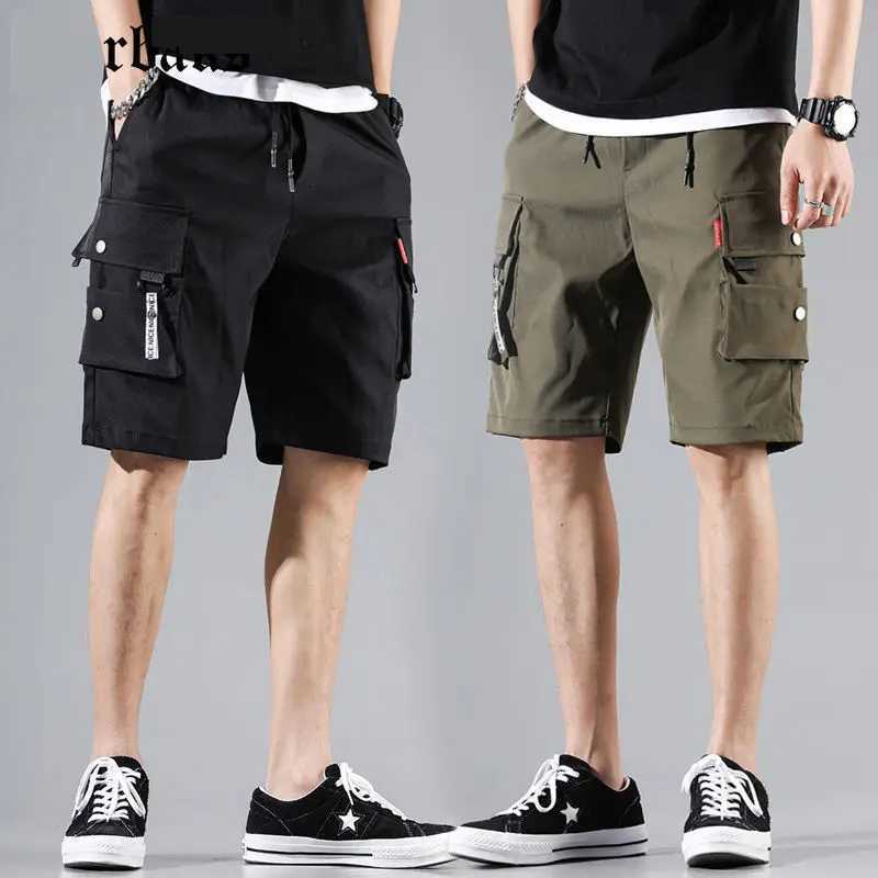 2024 Summer Mens Clothing Drawstring Solid Color Large Pockets Shorts Solar System Cargo Knee Pants Korean Version Cargo ShortsX240921