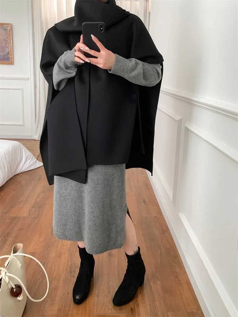 Womens Fashion Jacket Cape Town Style Irregular Wool Black or Deep Blue or Grey Jacket 2024 Autumn Winter Womens Jacket Top W240921