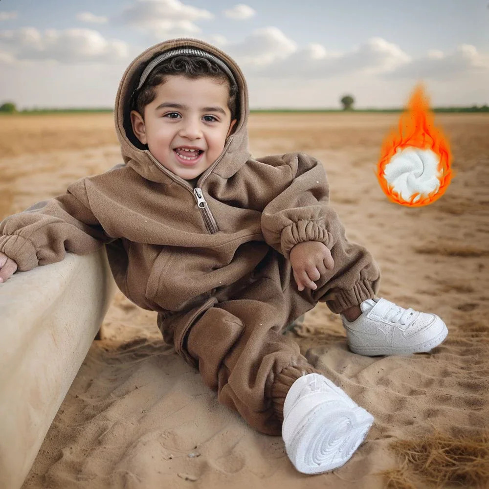Children Fleece Boys Girls Hooded Clothes Solid Cotton Thick Long Sleeve Pants Kids Suit For Korean Teenage Warm Outfits 240920
