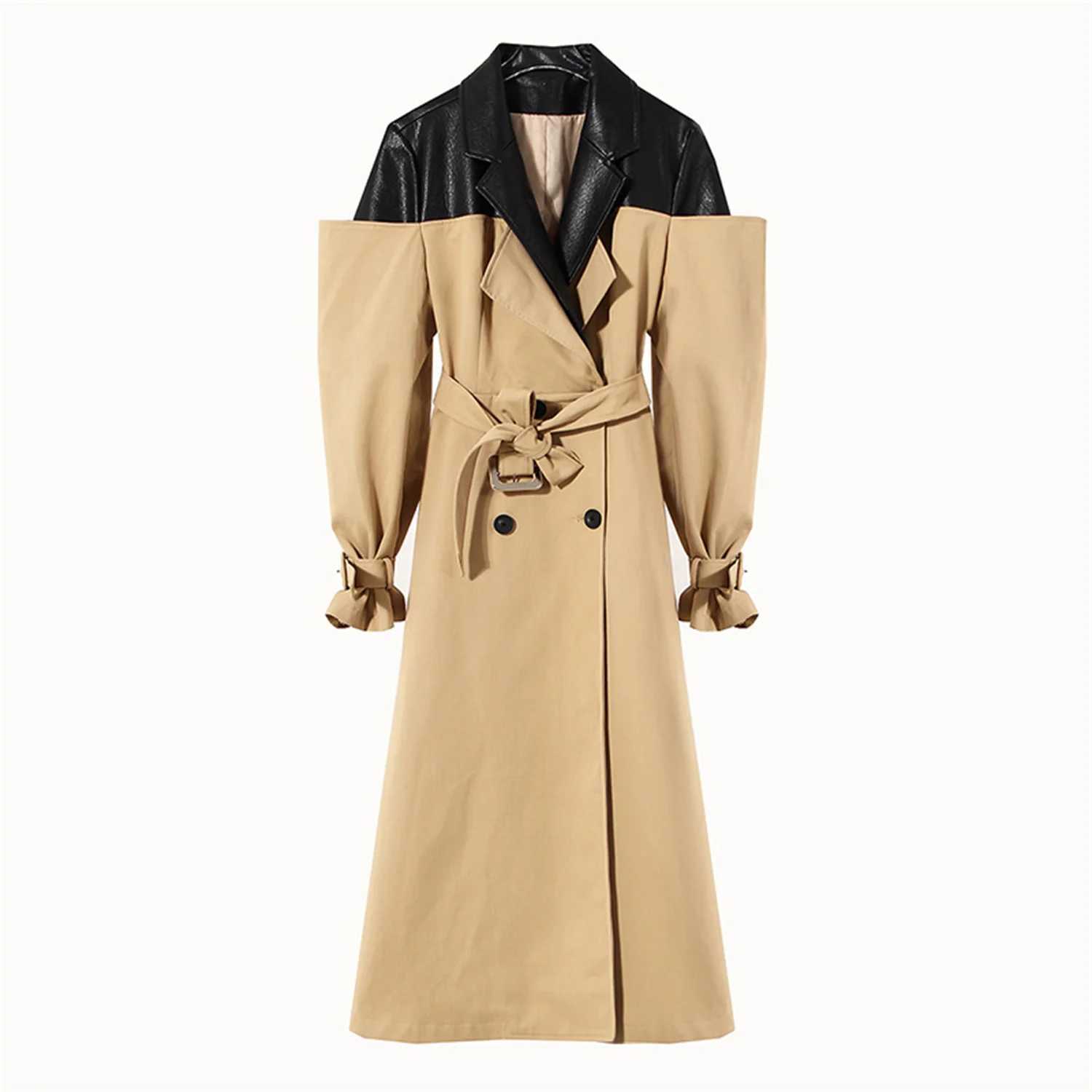 Patchwork Long Coat PU Neckline Womens Long Jacket Autumn Khaki Coats With Belt For Women New Fashion High Quality OutfitX240921