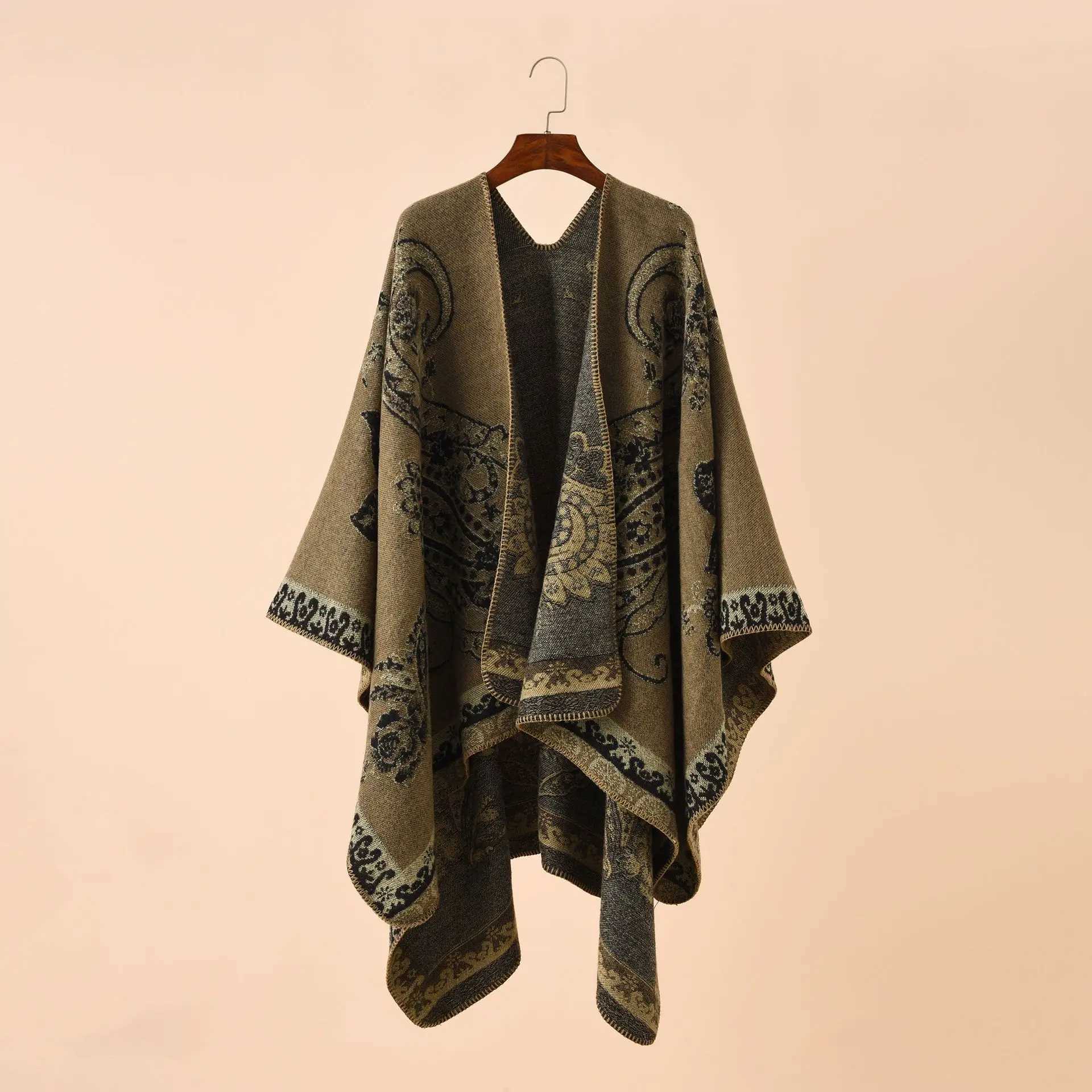 2022 Autumn and Winter New Street Geometric Grid Pattern Imitation Cashmere Warm Shawl Womens Raincoat Shawl Red W240921