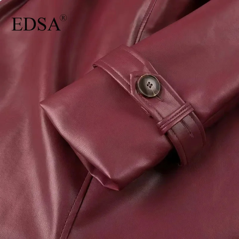 EDSA Women Faux Leather Jacket Coat with Belt for Autumn Winter Loose Long Windbreaker Trench Vintage Outerwear 240918