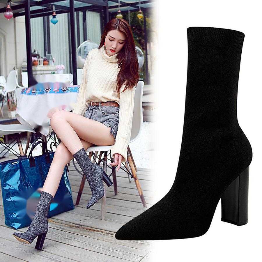CMM Fall and Winter Fashion New Simple Thick Heel High Heel Pointed Sexy Nightclub Show Thin Wool Short Boots