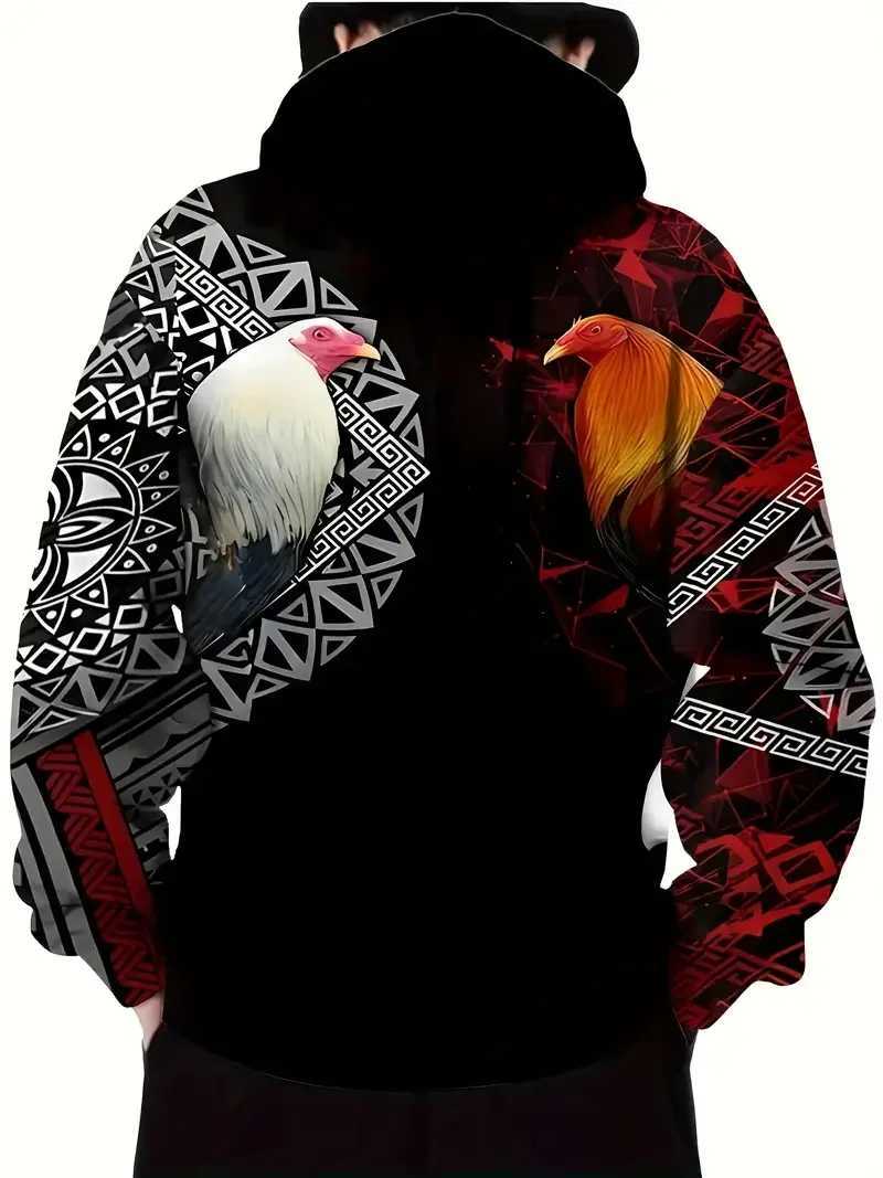 Mens 3D Roosters Graphic Print Hoodie Street Sports Shirt Casual Pullover Top Autumn Fashion Hoodie Mens Oversized Clothing W240921