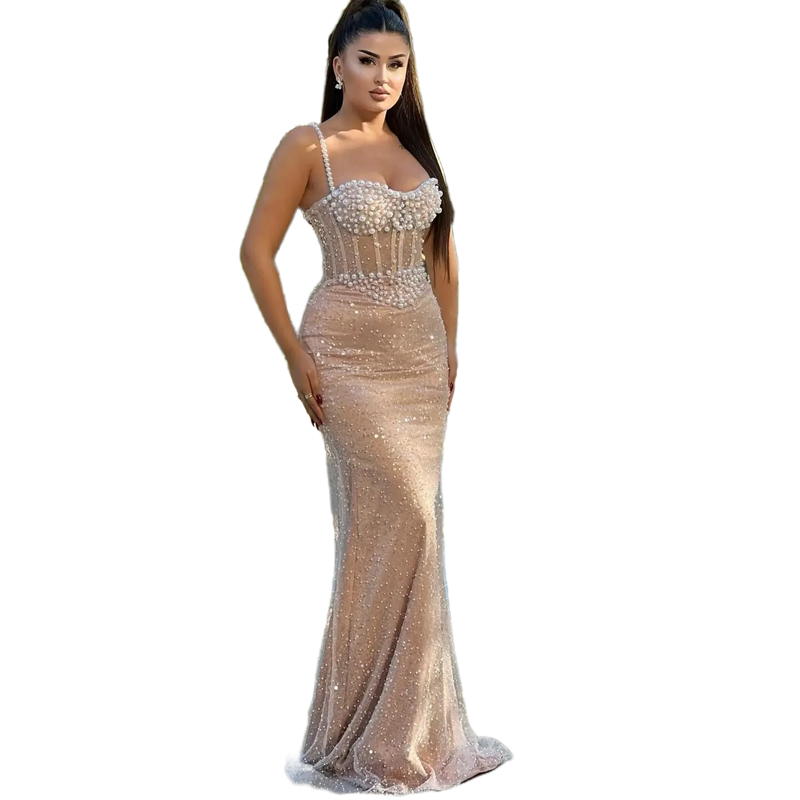 Modern Sequined Mermaid Prom Dresses With Pearls Beaded Spaghetti Straps Corset Long Formal Events Evening Gowns For Women Sleeveless Nude Charming Pa