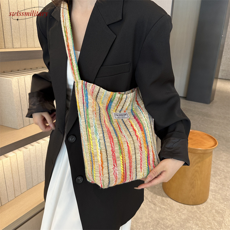 Single shoulder for women, large capacity Korean version ins embroidery rainbow stripe commuting canvas bag, summer tote bag #26 Swissmilitary
