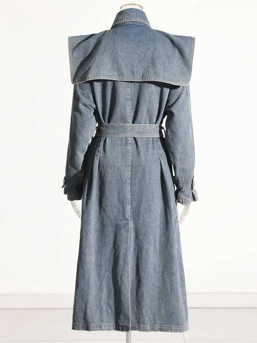 womens vintage lace up lapel long denim trench coat double breasted waisted slim mid length denim jacketX240921