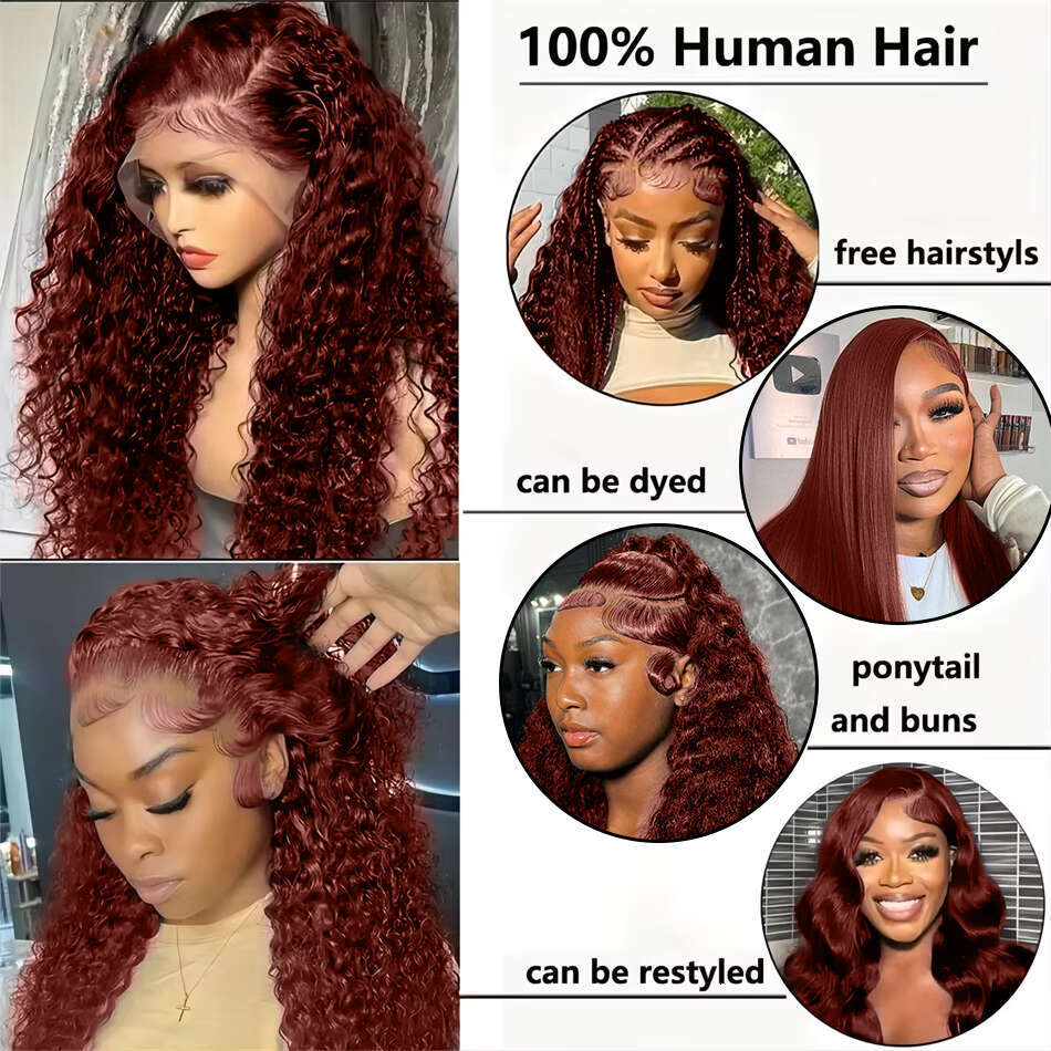 200% Reddish Brown 13x4 Deep Wave Frontal Curly Wigs Brazilian 13x6 HD Lace Front Human Hair Wig For Women