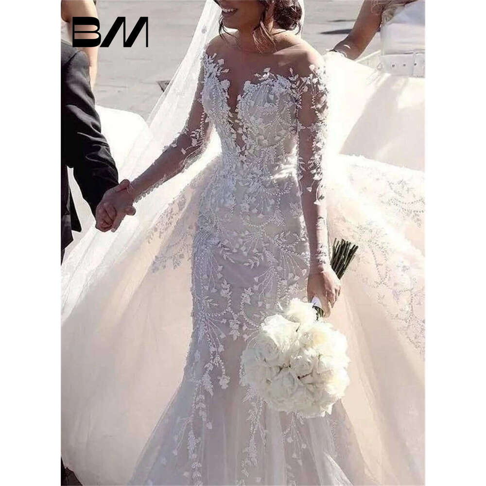 Arabic Long Sleeve Wedding Dresses With Detachable Train Lace Appliques Romantic Bride Dress Vestidos Novia Robe De Mariee