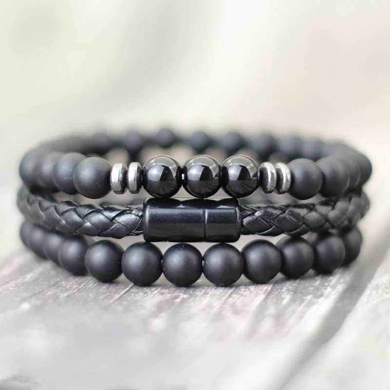 Trendy Men Bracelet Set 3pcs Minimalist Leather Braclet 8mm Natural Tiger Eyes Stone Braslet Beaded Brazalete Pulsera Homme GiftX240921