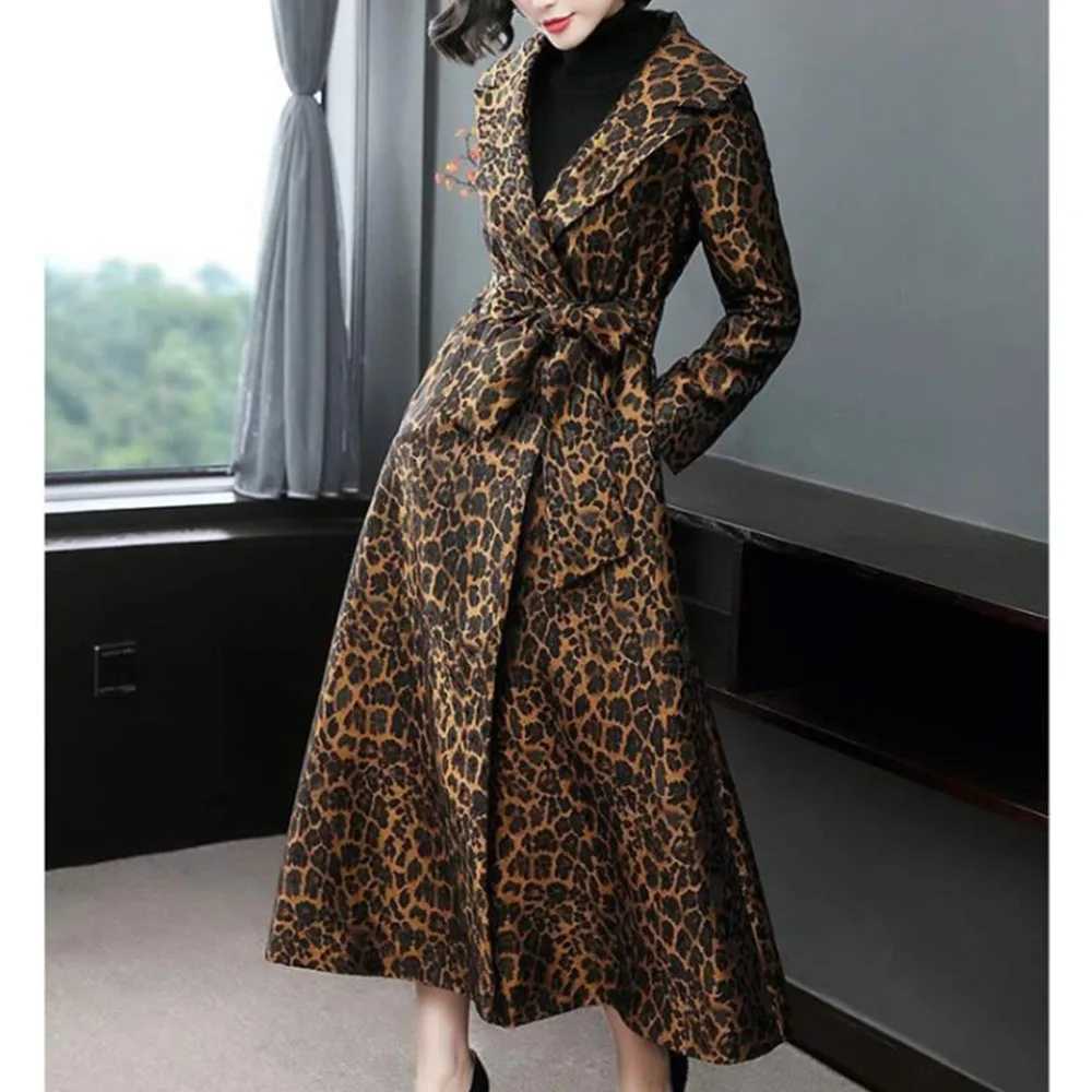 High End Fashion Leopard Coat Women Spring Autumn Korean Slim Long Trench Coat Female Windbreaker With Belt Mother Outwear 4XLX240921