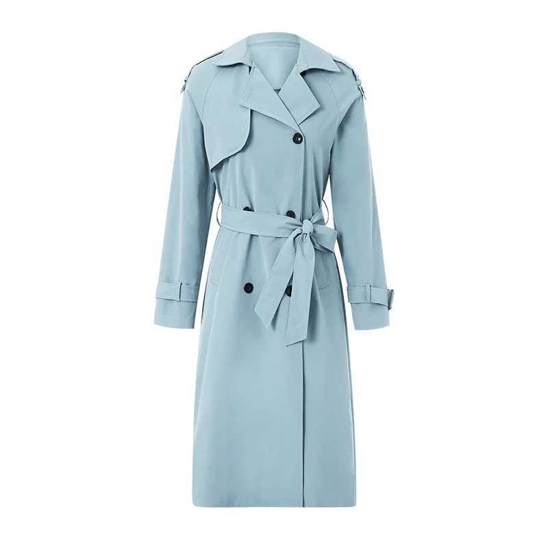 Women Classic Long Trench Coat Solid Color Double-Breasted Lapel Long Sleeve Windproof Overcoat with Belt Baggy StreetwearX240921