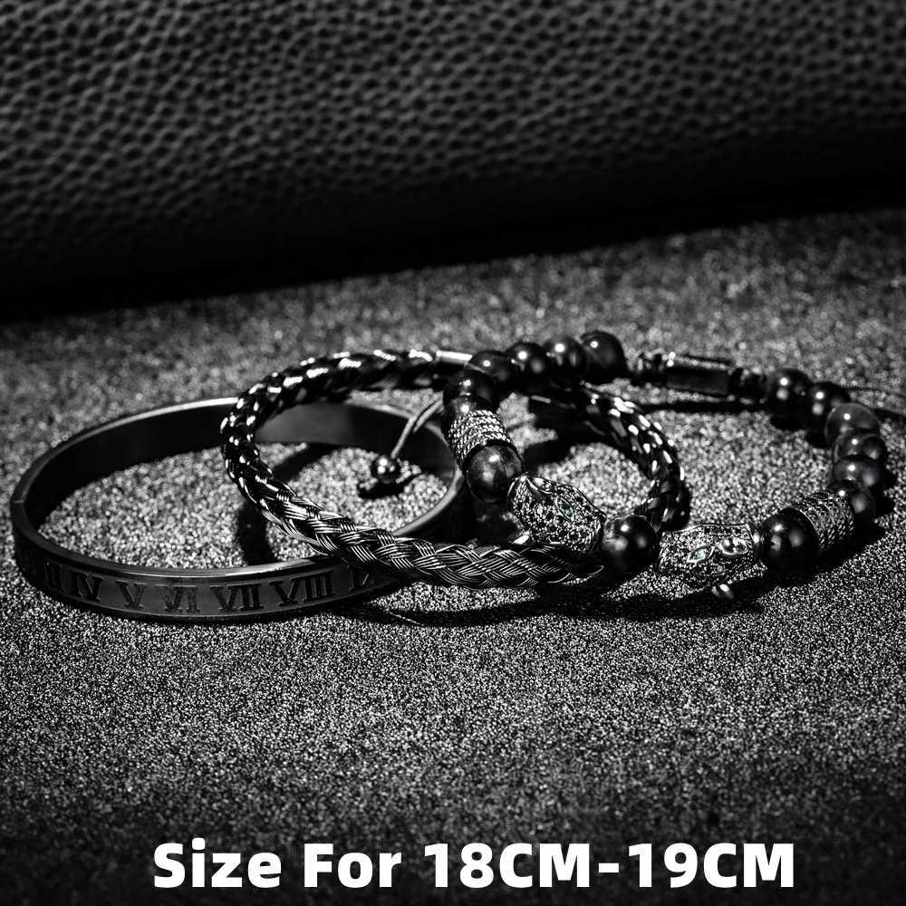 3PCS Mens Premium Black Agate Beaded Bracelet Set - Double Leopard Head Roman Numerals Adjustable Braided Design BraceletsX240921
