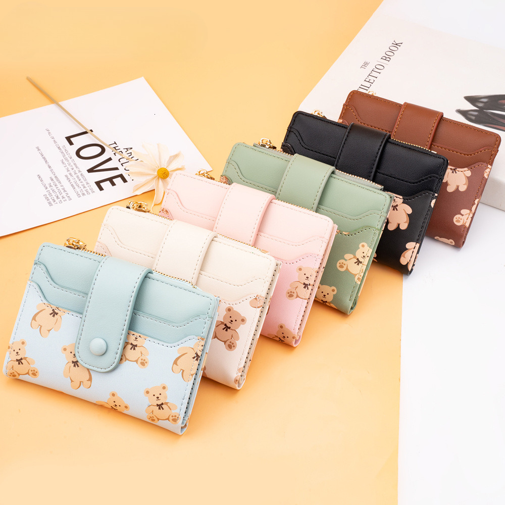 2024 New Designer Women's Short Wallet PU Leather Women's Double Fold Wallet Cute Bear Card Girl Small Zipper Wallet with Coin Wallet Free S
