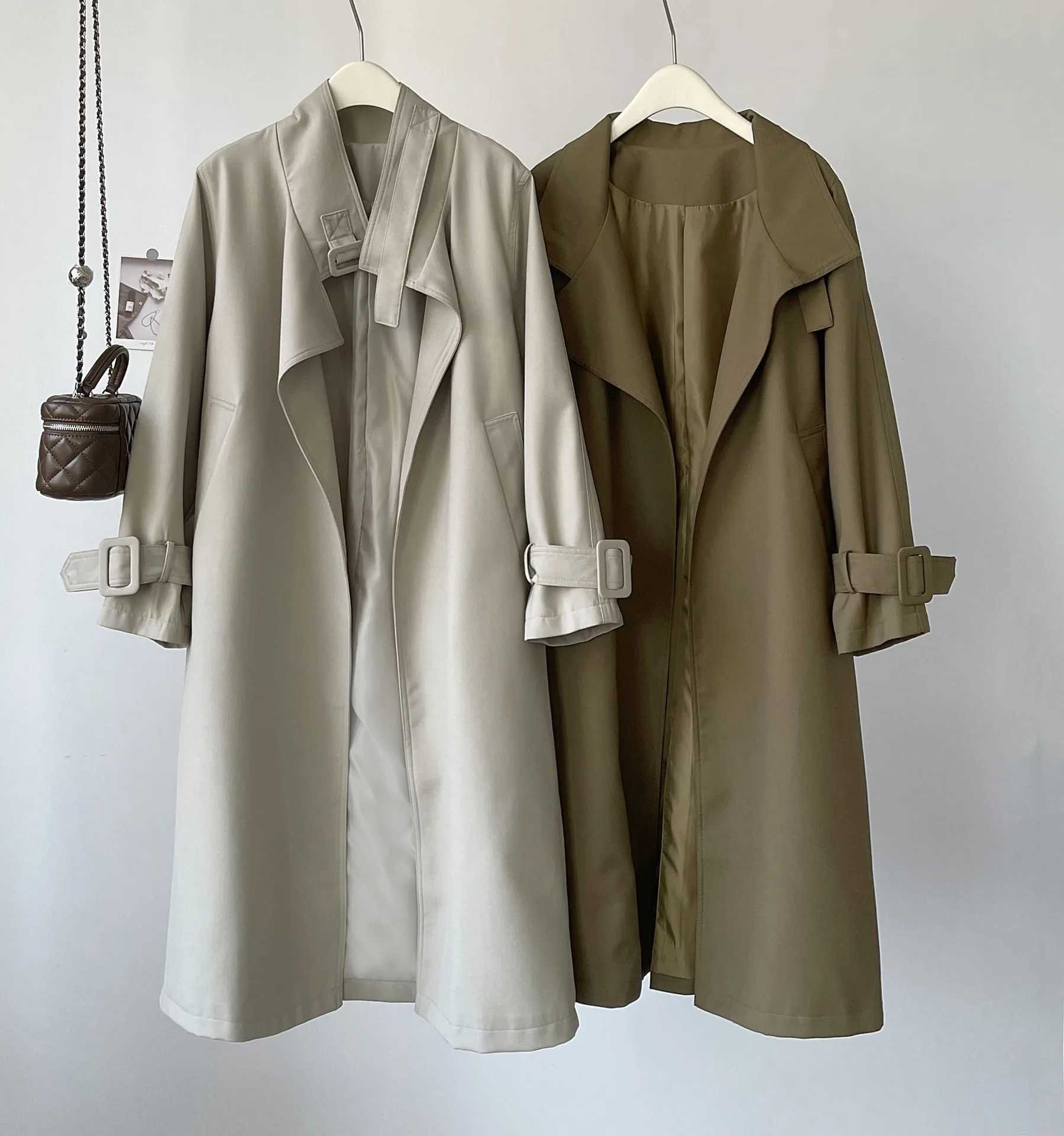2024 Fashion Women Long Trench Coat With Belt Khaki Color Casual Loose Women Coat Trench Femme Casaco AbrigoX240921