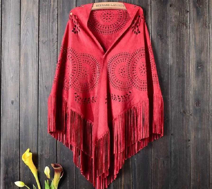 Spring and Autumn womens suede hollow round tassel shawl W240921