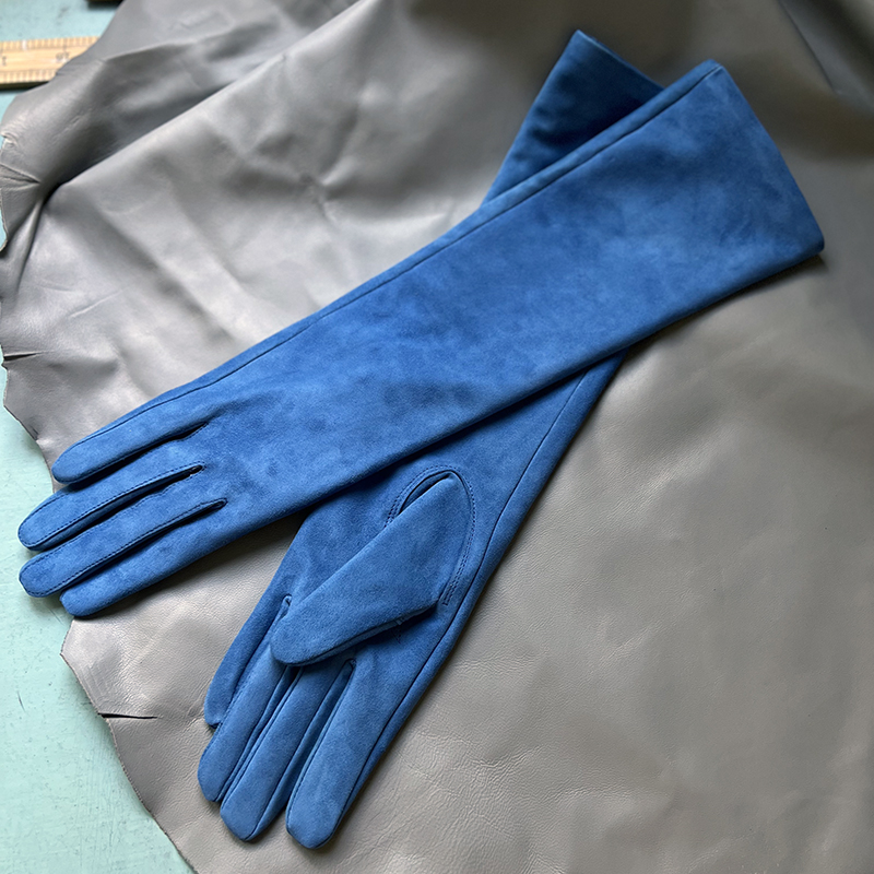 Women's suede leather long gloves Men's sky blue sheepskin elbow gloves Super soft leather, spring and autumn fashion catwalks