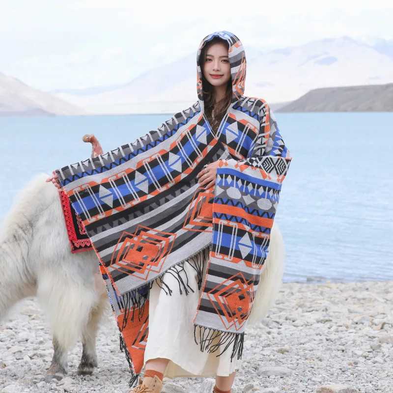 WeHello autumn and winter new shawl women imitate cashmere warm bohemian ethnic style hat cloak travel style W240921