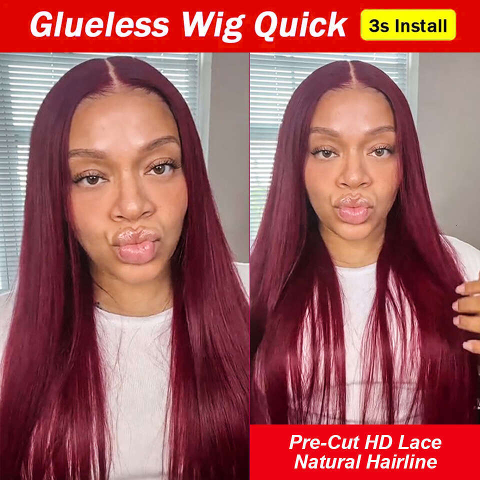 Bury Glueless Wig Ready To Wear And Go Preplucked Straight 99J Red Colored HD Lace Wigs For Women 100% Human Hair