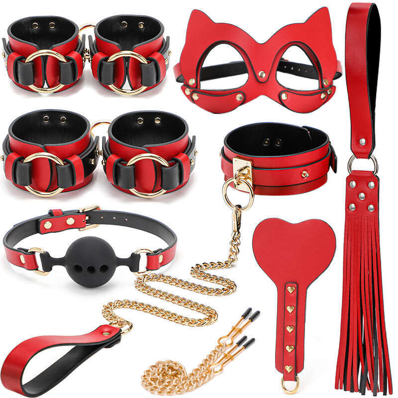 Sex toys SM props binding bondage eight piece set PU leather eye mask binding handcuffs collar whipping leather whip hair replacement