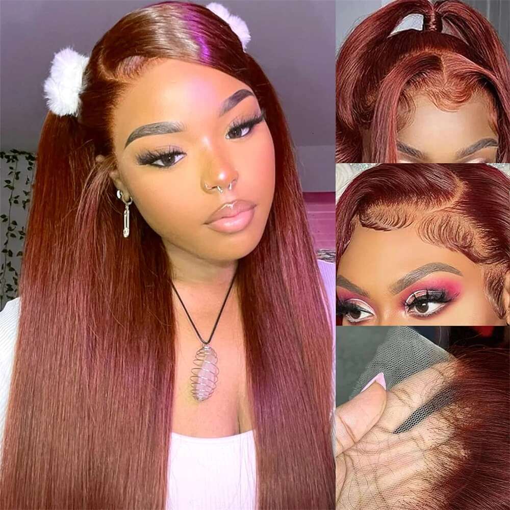 Reddish Brown Front Straight 13x4 Colored Human Hair Wigs 180% Full Density Copper Red Lace Frontal Wig