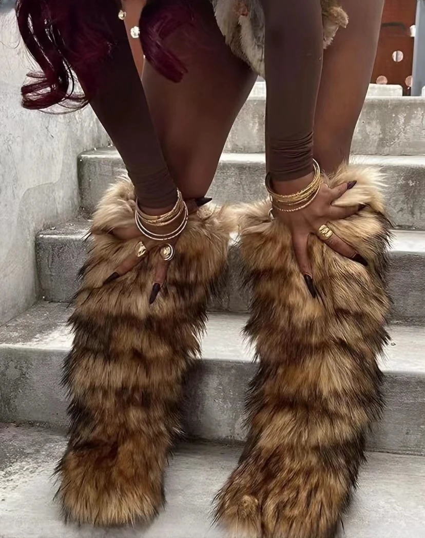 Women Winter Thigh Fluffy Ladies Furry Faux Fox Long Warm Shoes girls er Plush Knee High Fur Boots 240909CJ