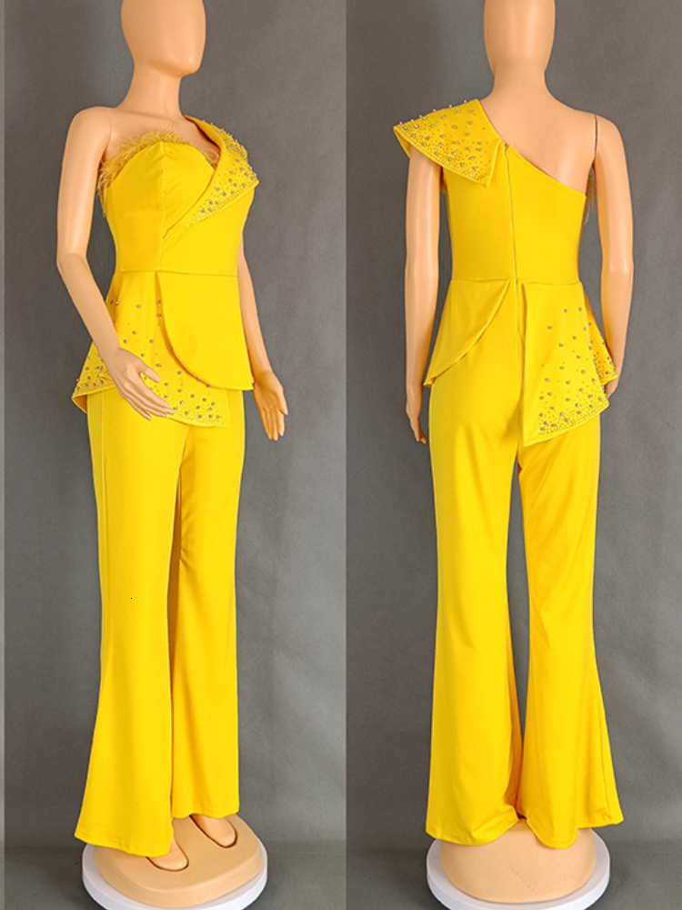 Elegant Jumpsuits For Women Shoulder Sleeveless Beading Dias Wide Leg Pants One Piece Outfit Ocn Party Clothing