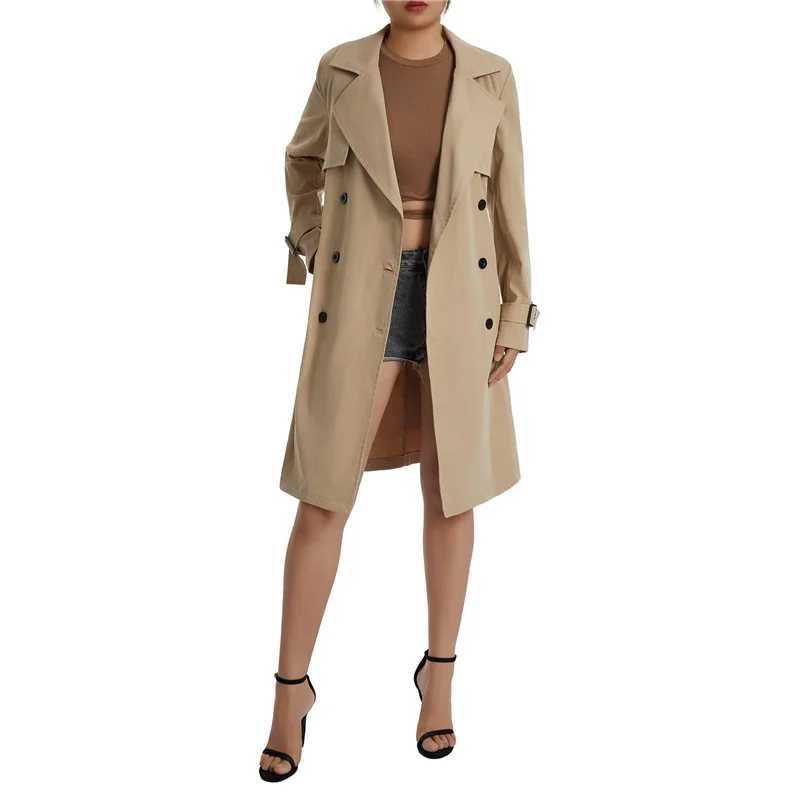 Ladies Casual Wind Coat Spring Autumn Girls Solid Color Long Sleeve Lapel Double-breasted Trench Outwear with Belt Khaki/GreenX240921
