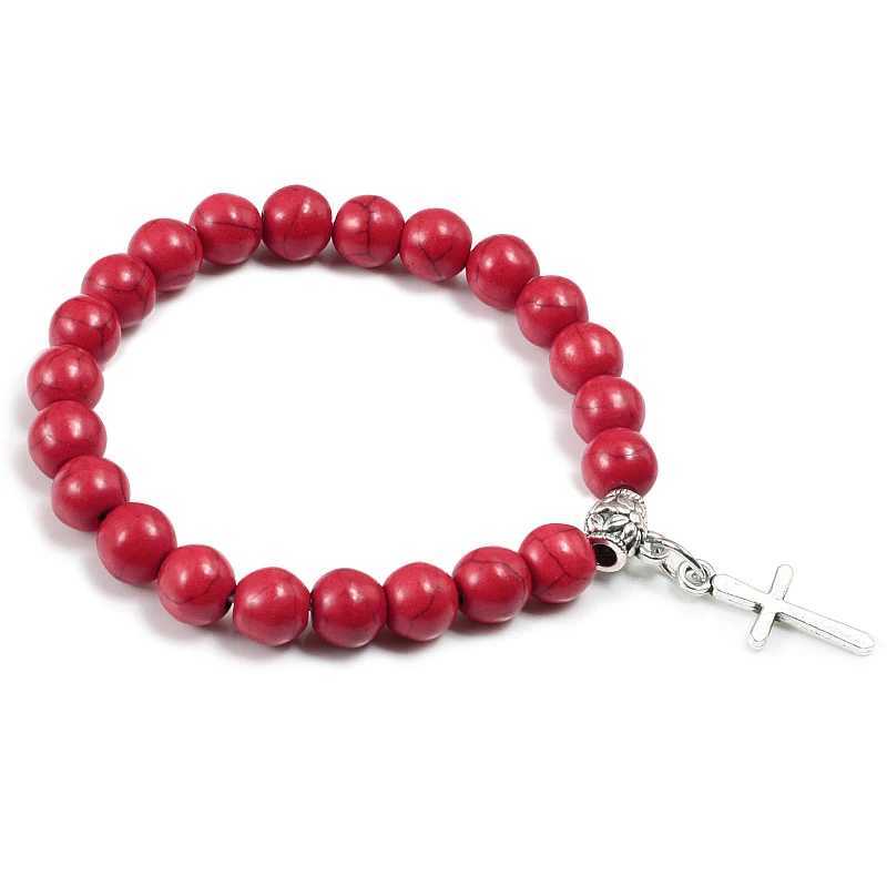 8mm Natural Lava Stone Bead Chain Alloy Cross Pendant Prayer Jesus Bracelet Bangles For Men Women Jewelry Gift Handmade PulseiraX240921