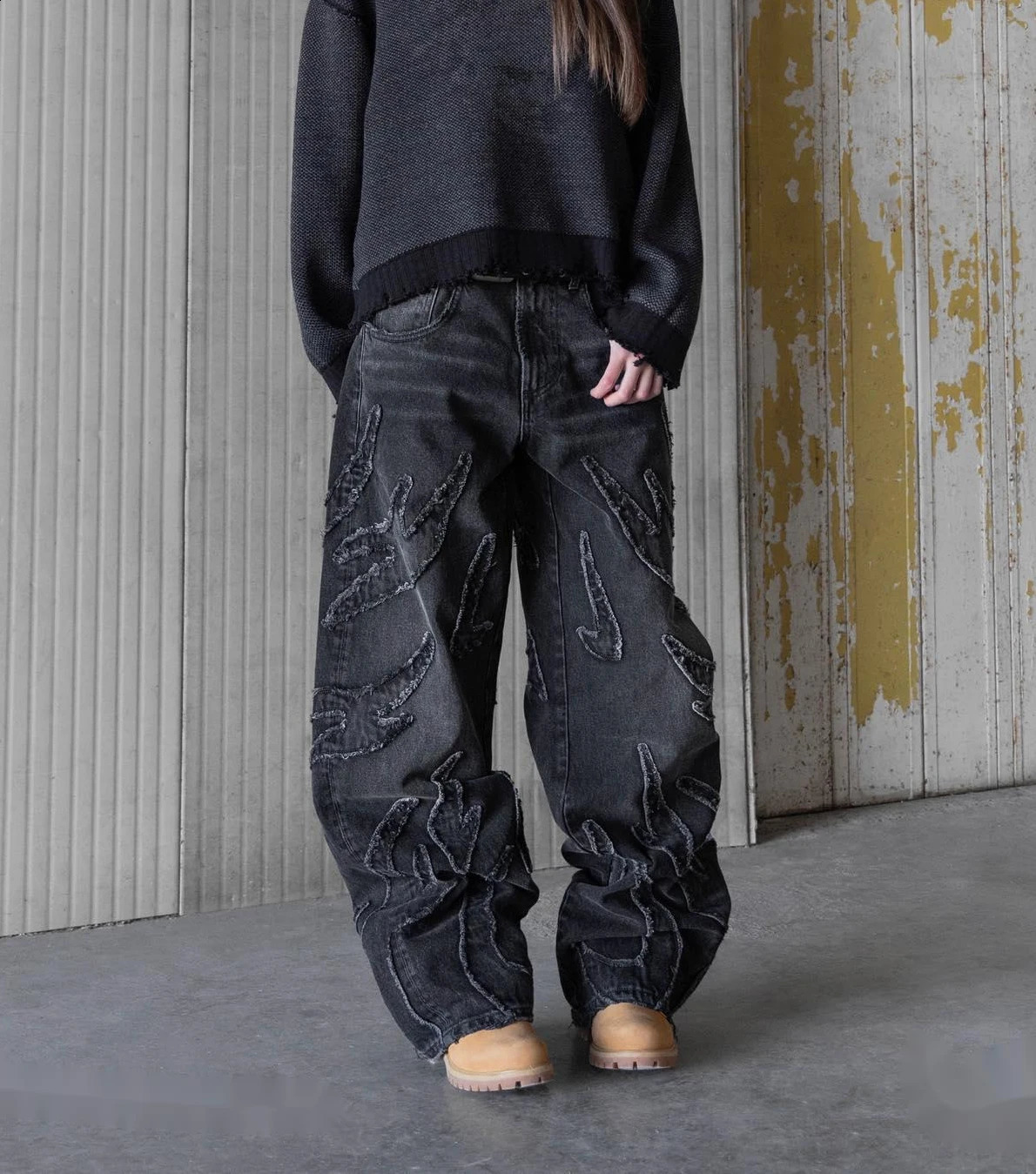 Y2k Retro Black Ripped Jeans for Women Streetwear High Waisted Raw Edge Embroidery Patch ns Pants Hip Hop Baggy 240910