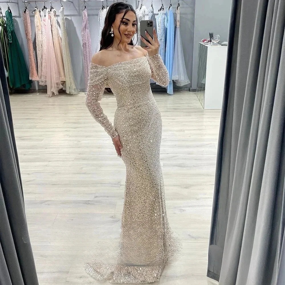 Luxurious Off Shoulder Sequined Mermaid Evening Dresses Long Sleeved Elegance for Formal Party Occasions Sparkly Beads Elegant Reception Gown For Wome